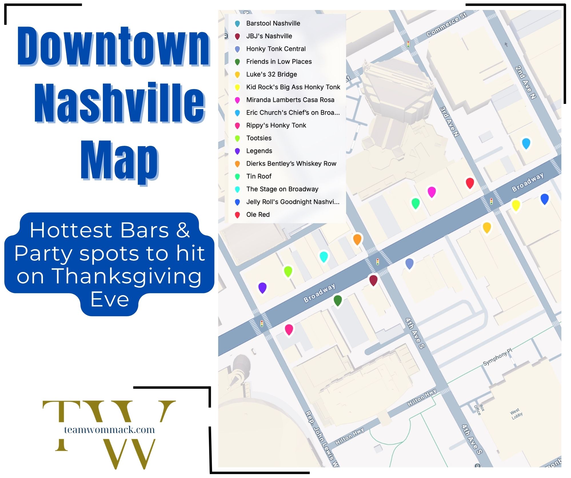 Downtown nashville map bars party thanksgiving eve